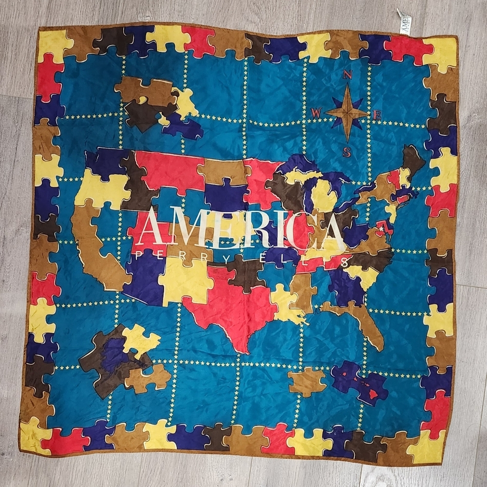 *Rare* America Perry Ellis colorful USA map puzzle silk scarf Tapestry 31in.
